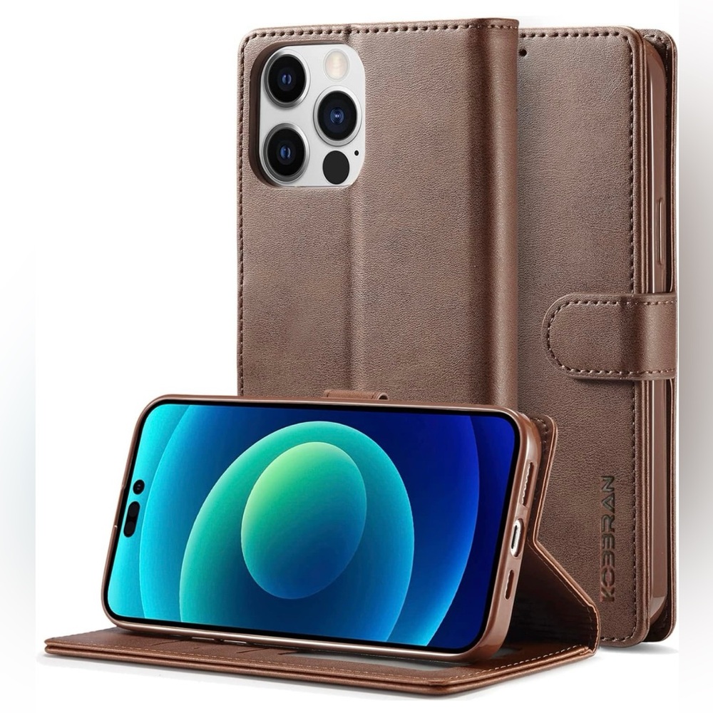 NWT iPhone 14 Pro Max Leather Wallet Case, Brown